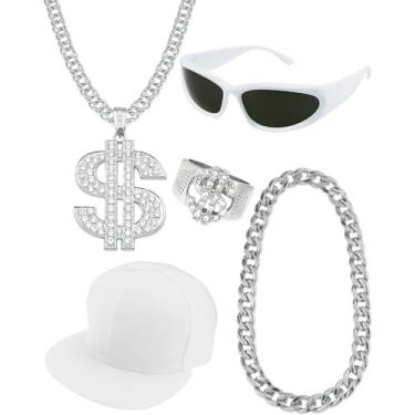 Imagem de Riuziyi Pacote com 5 acessórios de fantasia de hip hop, acessórios de rapper, anos 2000, 80, 90, corrente de ouro, chapéu de sol para rapper (branco e prata)