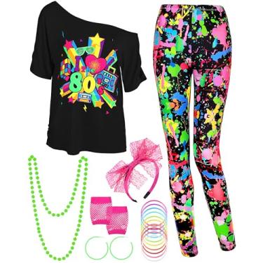 Imagem de Vinsatin 16 peças de acessórios de fantasia dos anos 80 para mulheres, camiseta, calça legging, luvas, brincos, colar, pulseiras, conjuntos de faixas de cabelo (M, estilo respingo)