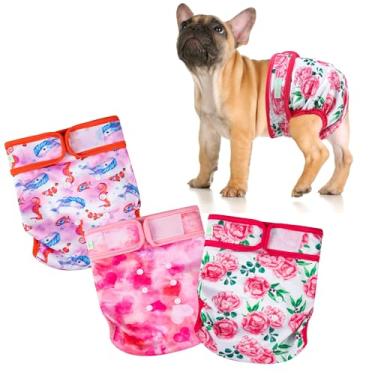 Imagem de wegreeco Fraldas para cães Frenchie fêmeas sem furo na cauda, fraldas laváveis para animais de estimação buldogue francês para período de calor, fraldas reutilizáveis para cães para cães (oceano de