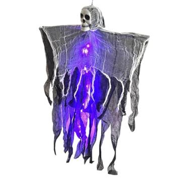 Imagem de MotiveTech Decoração de Esqueleto Horrível para Pendurar Ao Ar Livre, Decoração de Quintal Assustadora com Suporte de Iluminação para Porta Da Frente Do Jardim E, Iluminação Roxa, Tamanho real