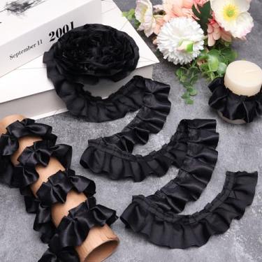 Imagem de AIETSYEI Fita de cetim com acabamento em renda plissada com babados para aplicação de artesanato, decoração de casa (preto)