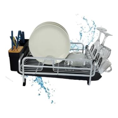 Imagem de Escorredor de Louça em Aço Inox com Dreno Ajustável, Suporte para Talheres, Preto e Prata