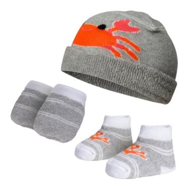 Imagem de Kit Touca, Meia e Luva Recém Nascido Algodão Atoalhado Maternidade Enxoval Bebe Dallf (Cinza/Laranja, Recém Nascido)