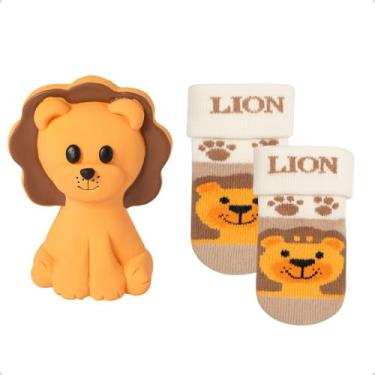 Imagem de Kit Mordedor Bebê + Par de Meias Algodão Infantil Recém-Nascido Conforto Segurança Desenvolvimento (Marrom, 4-12 Meses)