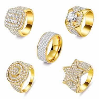 Imagem de Masedy 5 peças de anéis masculinos banhados a ouro 18 K para homens simulado diamante gelado grande estrela quadrada CZ anéis descolados hip hop punky rapper anel tamanho 6-13, Latão Latão strass