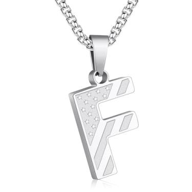 Imagem de Zocomi Colar com pingente de inicial da bandeira americana para homens e meninos, corrente de aço inoxidável 316L A-Z caixa de letras 50 + 5 cm joias presentes, Aço inoxidável, Sem Pedra Preciosa