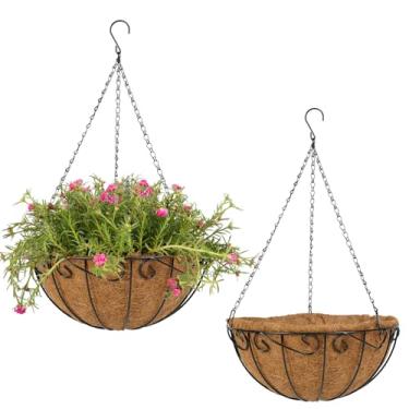 Imagem de Dovesail Pacote com 2 cestas de metal de 35,5 cm para plantas ao ar livre, cesta de plantadores pendurados com forros de coco, cestos pendurados, vasos de flores para jardim, pátio, deck, plantas de