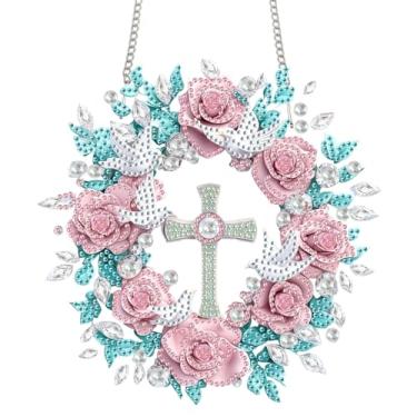 Imagem de Bimkole Kits de arte de diamante pendurados de rosas rosas para adultos, pingente de janela cruzada com pintura de diamante 5D faça você mesmo, enfeite de pendurar em cristal acrílico para pendurar na