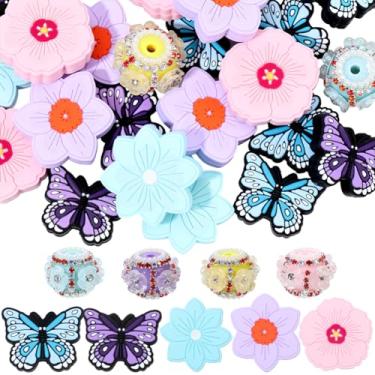 Imagem de SOFPLATE 29 peças 9 estilos borboleta contas de silicone caneta contas focais coloridas rondelle resina strass bola flor estética solta suave espaçadores para chaveiros, canetas, pulseiras, colar