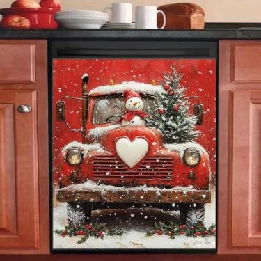 Imagem de Capa magnética de boneco de neve de Natal para lava-louças adesivo magnético de floco de neve de inverno capa de painel de porta de lava-louças caminhão vermelho árvore de Natal geladeira decalque de