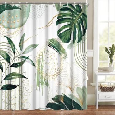 Imagem de Cortina de chuveiro moderna boho verde dourado tropical folha de palmeira abstrata geométrica minimalista estética decoração de banheiro aquarela planta cortina de banho lavável tecido de poliéster
