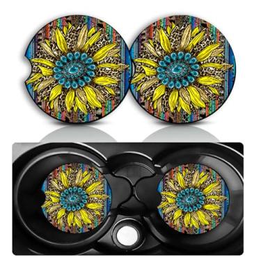 Imagem de Conjunto de 2 porta-copos de carro de girassol ocidental – Acessórios divertidos para carro de girassol 7 cm, tapete de borracha antiderrapante, tamanho universal, porta-copos com inserção automática