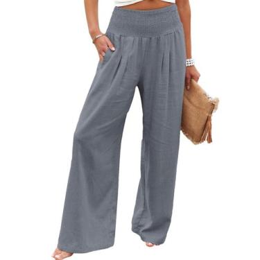 Imagem de Calças Palazzo de perna larga GLIENST, cintura alta, linho, cinza para