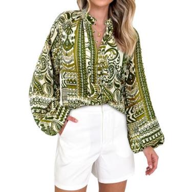 Imagem de Blusa feminina MASCOMODA com estampa floral boho e decote em V verde G