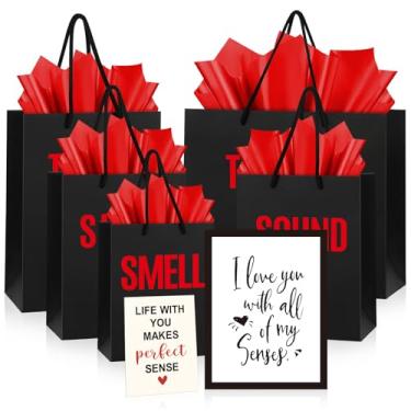 Imagem de Kolldenn 5 sacos de presente 5 sentidos para ele ou ela, sacos Five Senses com alças, papel de seda, envelope kraft, cartão de felicitações para aniversário, casamento, aniversário, presente DIY