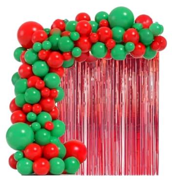Imagem de Kit Arco de Balão Natal Vermelho Verde + 1 Cortina Fita Metalizada Decoração Festa (Vermelho)