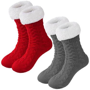 Imagem de cnomg 2 pares de meias femininas com aderência para o inverno, antiderrapante, grossa, felpuda, de malha, quente, de Natal