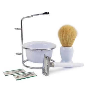 Imagem de Kit Para Barbear Masculino Retro Vintage Lamina Metal Navalha Suporte 