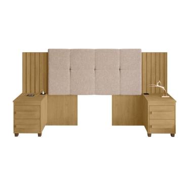 Imagem de Cabeceira Casal Extensível Com 2 Mesas De Apoio Ripado E Estofado Cinamomo Suíça - Rv Móveis