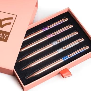 Imagem de Veway - Canetas de luxo para mulheres, 5 canetas de escrita ouro rosa com glitter, conjuntos de canetas exclusivas para presente feminino, conjunto de presente esferográfica recarregável para