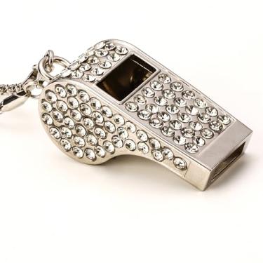 Imagem de QUJIFETU Apito, apito brilhante, metal, strass, cordão, apito, som alto com corrente para treinador, árbitro, emergência, salva-vidas (prata)