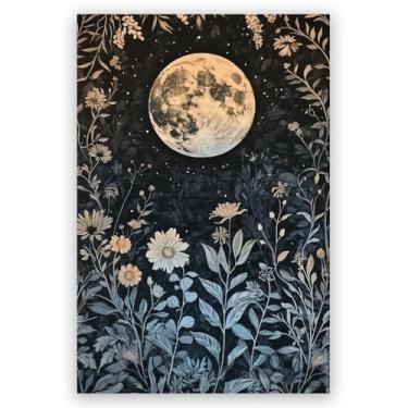 Imagem de Impressão em tela de flores vintage pôsteres decoração de parede lua eclipse botânico escuro Academia pôster Moody arte de parede Dark Cottagecore decoração arte encantadora lua nova impressão
