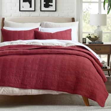 Imagem de HORIMOTE HOME Conjunto de colcha 100% algodão, tamanho king, conjunto de colchas pré-lavadas vermelho vinho em padrão geométrico, capa de cama decorativa aconchegante e leve com 2 fronhas para todas