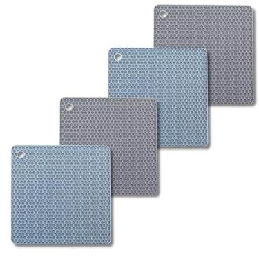 Imagem de Genérico Kit 4 Descansos de Panela em Silicone, Quadrado, Grande, Resistente ao Calor, Design Colmeia, Multicolorido (Azul)