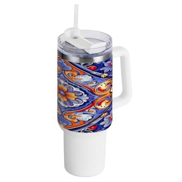 Imagem de Kigai Copo de 1,134 g com tampa e canudo, azulejos de cerâmica estilo mexicano, à prova de vazamento, durável, copo isolado de aço inoxidável com alça, garrafas de água à prova de derramamento para