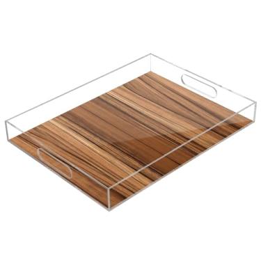 Imagem de WELLDAY Bandeja de servir com padrão de madeira teca, bandeja decorativa de acrílico transparente – Travessas de servir resistentes e de grande capacidade para bancada de cozinha, penteadeira 30,5 x