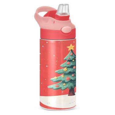 Imagem de YETTASBIN Garrafa de água de árvore de Natal para crianças, 340 g, à prova de vazamento, parede dupla, isolada, copo de viagem com tampa de canudo para meninas, meninos e crianças