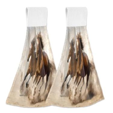 Imagem de Wassud Toalhas de mão penduradas de cozinha, pacote com 2, toalhas de banheiro super macias para dois cavalos galopantes com laços de adesivo mágico, toalha de secagem rápida altamente absorvente para