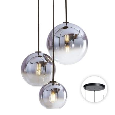Imagem de Luminária pendente moderna de 3 lâmpadas com globo de vidro prateado degradê, cabo ajustável, estilo lustre de meados do século XX, ideal para cozinha, ilha ou quarto.