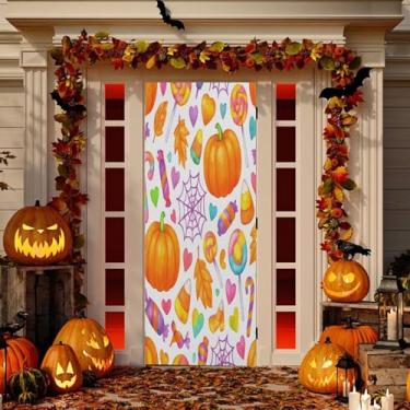 Imagem de Wassud Linda cobertura de porta de Halloween com abóboras para decoração externa e interna para varanda decoração de casa grande 91 x 242 cm