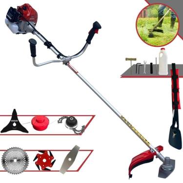 Imagem de Roçadeira Profissional À Gasolina Kawashima Bcj 620l 62cc 3hp 2t + Faca 3 Pontas 255mm + Faca 40 Dentes 255mm + Trimmer