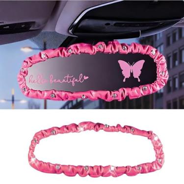 Imagem de Capa para espelho retrovisor com 3 peças, capa de espelho retrovisor automático de couro sintético elástico com borboleta acessórios interiores de carro, ajuste universal, decoração de carro feminino