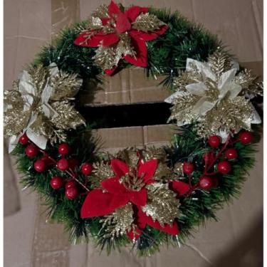 Imagem de Guirlanda de Natal com Laço Vermelho para Porta – Enfeite Natalino 25~35cm(25cm,enfeitado flor vermelo/dourado)