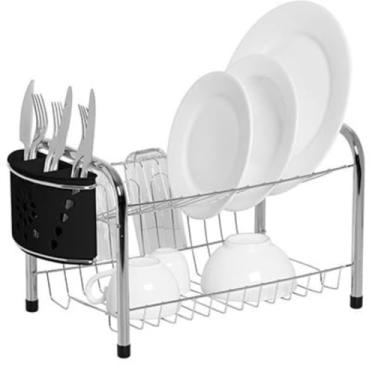 Imagem de Escorredor de Pratos Duplo com Porta Talheres, Organizador de Cozinha para Secagem de Louça (Preto)