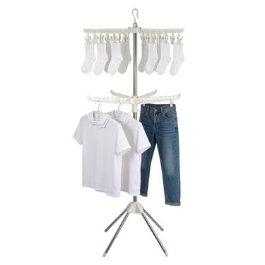 Imagem de TOWEBOORY Estante de secagem de roupas, rack de secagem de roupa dobrável de 2 camadas de 68,9 polegadas com 3 braços rotativos para cabides e clipes de aço inoxidável com economia de espaço