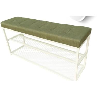Imagem de Sapateira Banco Estofado com Tela 110cm e Porta-Chaves, Organizador Multifuncional para Entrada, Sala ou Quarto (Estrutura Branca/Assento Verde)
