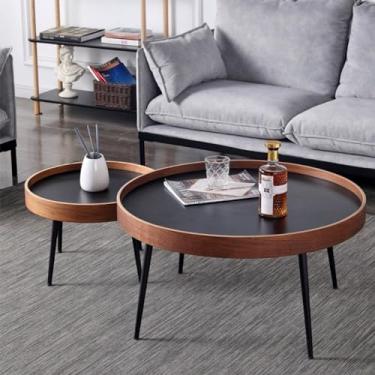 Imagem de Conjunto de 2 mesas de centro redondas de madeira, mesa lateral para sala de estar, mesa de centro, para sala de estar, quarto, escritório e varanda (76 + 50 cm)