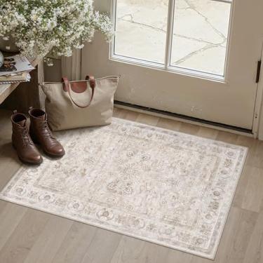 Imagem de PureCozy Tapete de área 2x3 bege lavável vintage tapete de entrada antiderrapante tapete de porta pequeno pilha baixa cozinha banheiro acento tapete envelhecido entrada quarto escritório sala de estar