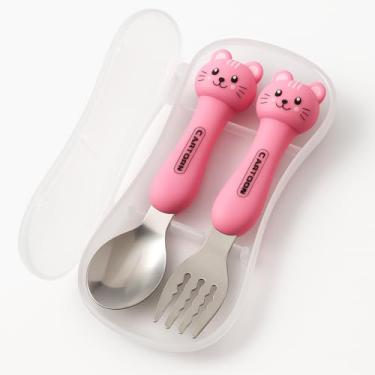 Imagem de Conjunto de Talheres Infantis com Estojo 2 Peças em Inox com Cabo Decorado Tema Gatinho Lancheira Colher e Garfo Infantil