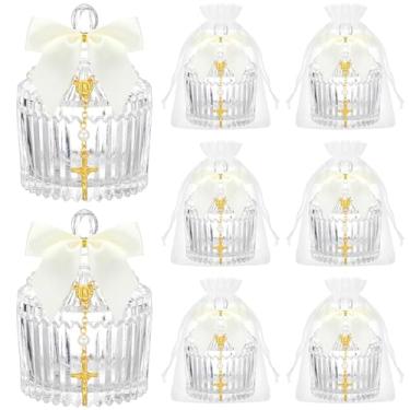 Imagem de Chuangdi 12 conjuntos de 48 peças de lembrancinhas de batismo para convidados, tigela de doces de cristal, presentes com 12 peças, rosário cruzado para decorações de batismo, casamento, chá de bebê