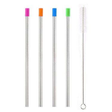 Imagem de 4pcs Canudos de Bebida Retos Aço Inoxidável Reutilizáveis 9 Comprimento com Ponta Silicone Removível e Escova Limpeza