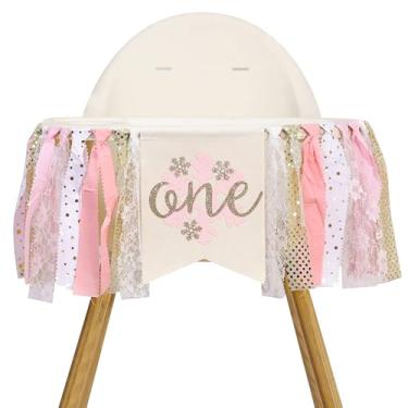 Imagem de Faixa de cadeira alta Winter Onederland - Decoração de festa única do país das maravilhas de inverno, faixa de cadeira alta de floco de neve rosa, guirlanda de fita de tule rosa dourada, adereços de