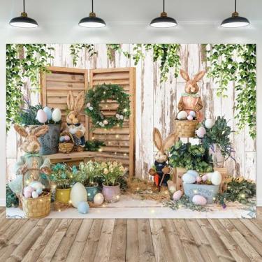 Imagem de Felortte 2,4 x 1,8 m poliéster primavera Páscoa pano de fundo rústico branco parede de madeira colorida ovos coelho fotografia fundo para aniversário chá de bebê decoração de festa retrato banner