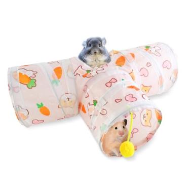 Imagem de MultiValue Túnel de porquinho-da-índia de 3 vias, túnel dobrável de hamster, rabanete, arco-íris, coelho, túneis e couros com bola pendurada, esconderijo de pequenos animais para brincar com descanso