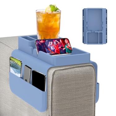 Imagem de ZJMCAJY Bandeja de apoio de braço de sofá de silicone antiderrapante com bolso lateral duplo slot para controle remoto lata de refrigerante xícara de café (azul)