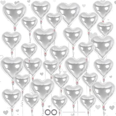 Imagem de 30 balões de coração prateados, 3 tamanhos de balões de coração de Mylar, decorações de festa do dia dos namorados, balões de amor para festa de aniversário, casamento, chá de bebê (prata)